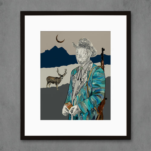 wall art print for the modern huntsman features dapper gent with deer in background