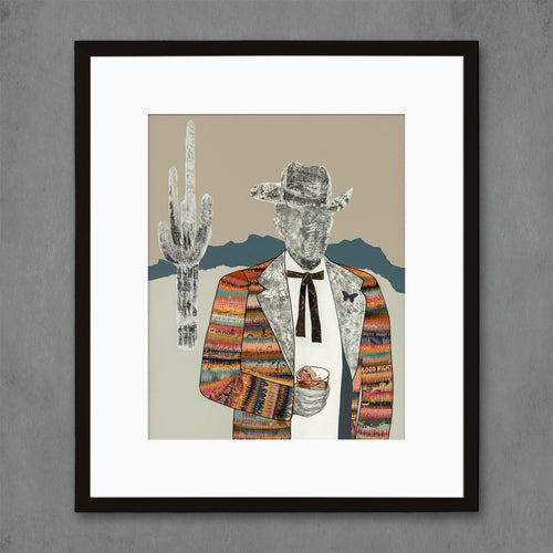 Dolan Geiman signature cowboy print with gentleman wearing fancy jacket sipping bourbon with cactus in backdrop