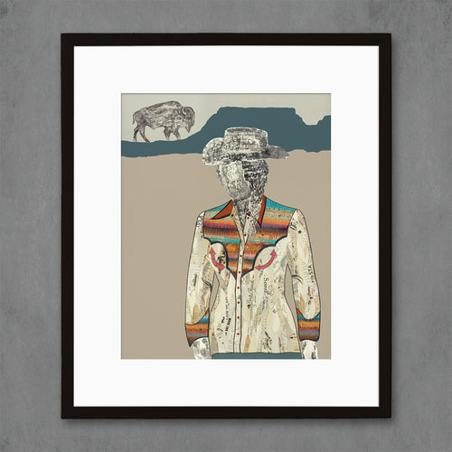 contemporary cowgirl print for the desert modern interior with bison silhouette | taupes, blues, creams