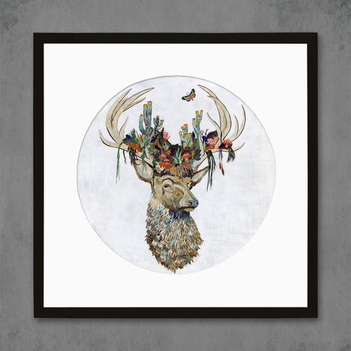 whimsical deer print featuring a stag with microcosm of cacti, moss, and other flora growing among his antlers