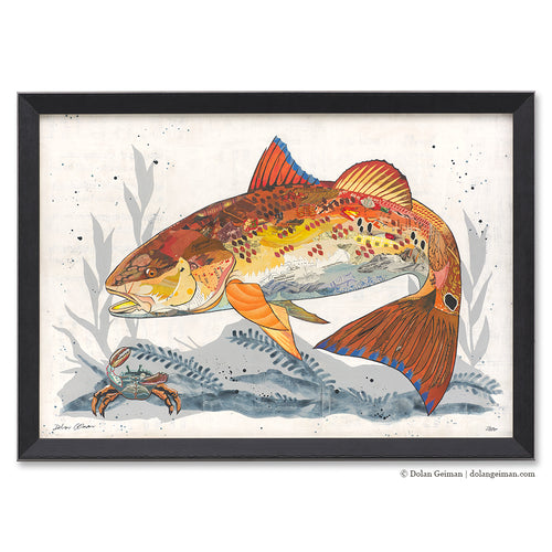 redfish art for Texas coastal home constructed from vintage paper by collage artist Dolan Geiman