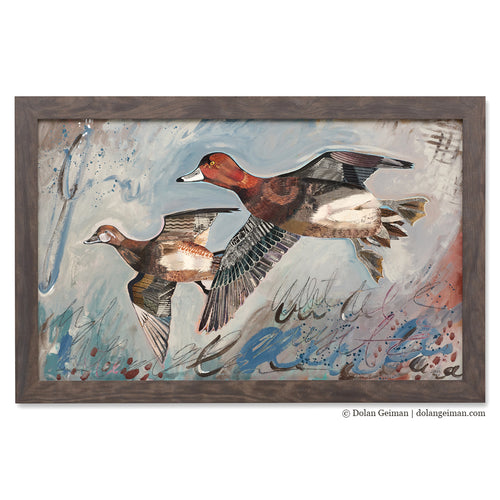 mixed media painting of redhead ducks shown in flight with blues, browns, and beige