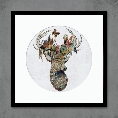 circular buck deer wall art print  featuring a stag with microcosm of plants, moss, and other flora growing among his antlers