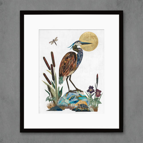 contemporary wildlife print for coastal decor with great blue heron at pond's edge