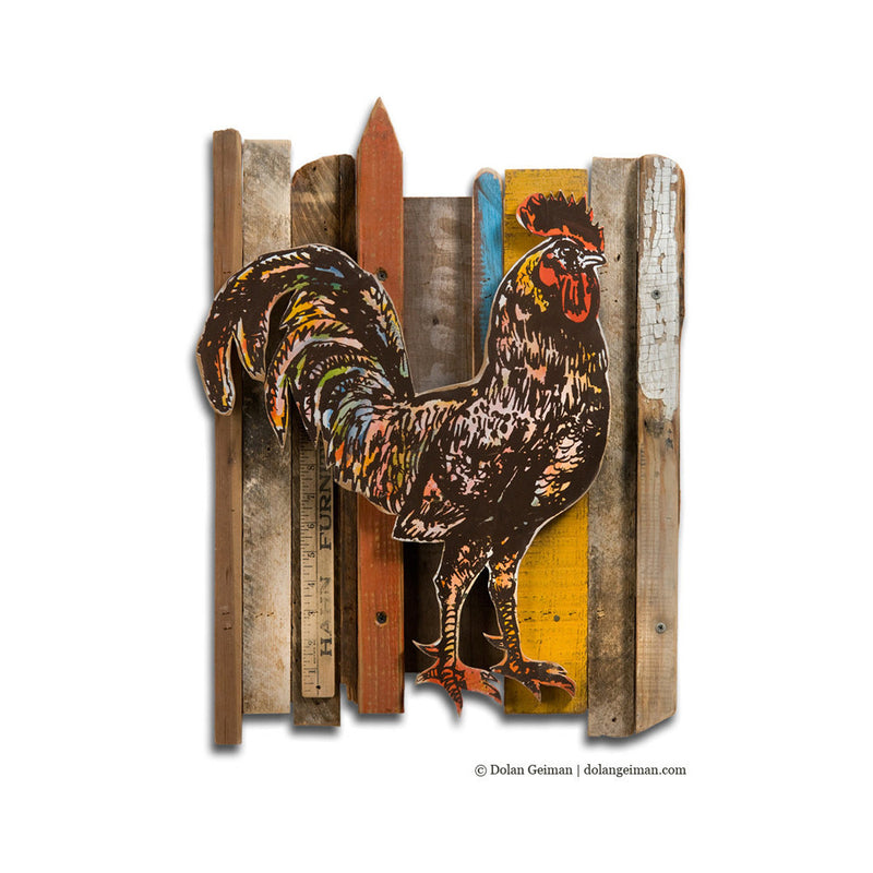 main image for RESCUED WOOD CONSTRUCTION (ROOSTER) original mixed media wall art