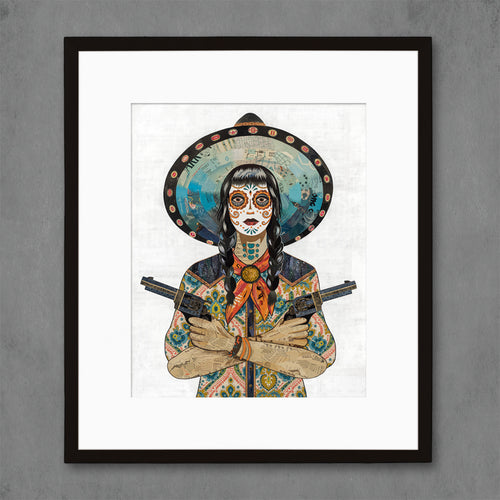 Sugar skull print features Day of the Dead/Día de los Muertos cowgirl wearing vintage floral shirt with bold hat