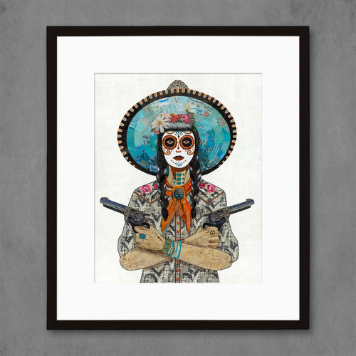 Dolan Geiman bestselling Vaquera | sugar skull woman with double braids and roses on her shirt