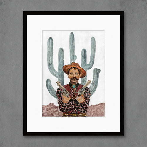 cowboy art print standing posed before a saguaro cactus with guns up | signed & limited edition