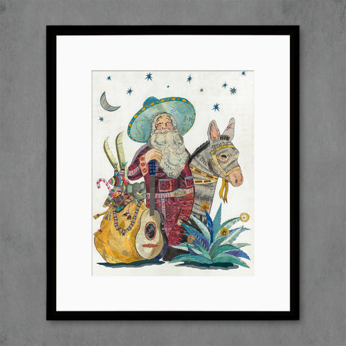 Southwestern Santa art with mariachi-esque Santa with guitar and burro by his side