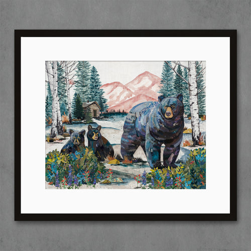 Mama bear and cubs in the mountains with aspen trees. Framed art by Dolan Geiman.