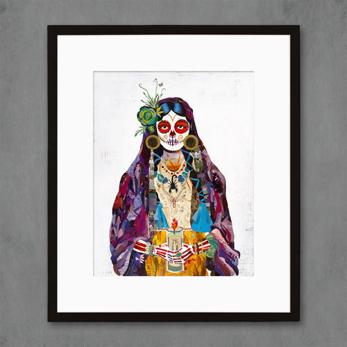 Southwestern skeleton art print with woman in purple robe and scorpion necklace