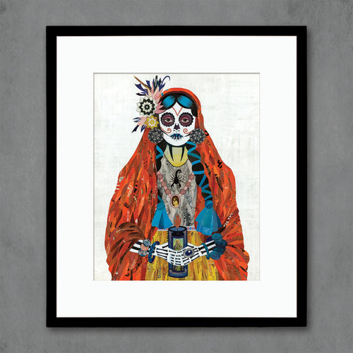 iconic Dia de los Muertos art print features woman in red robe holding votive