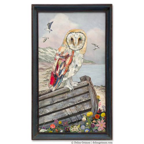 statement coastal wall art featuring owl and seagulls at beach by contemporary collage artist Dolan Geiman
