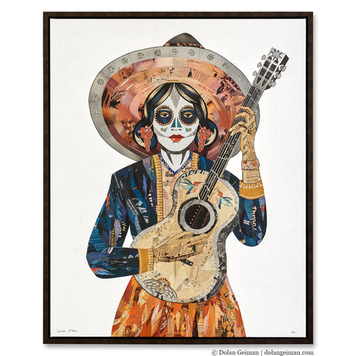 woman plays classic guitar with large sombrero hat and flower earrings