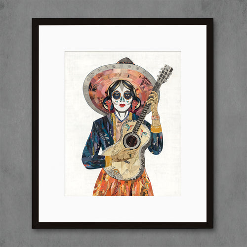 Mexican guitar player art print with hummingbird detail and sugar skull face paint