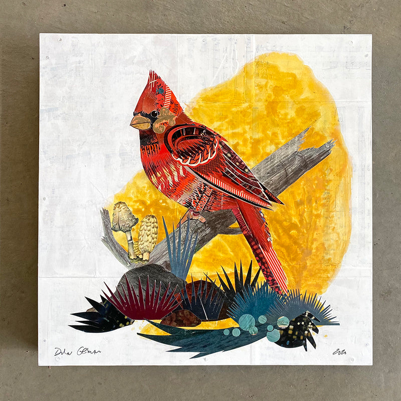main image for CARDINAL ON BRANCH (small work) original paper collage