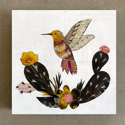 HUMMINGBIRD WITH BLACK CACTUS (small work) original paper collage