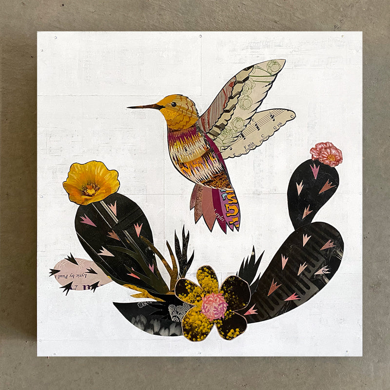 main image for HUMMINGBIRD WITH BLACK CACTUS (small work) original paper collage