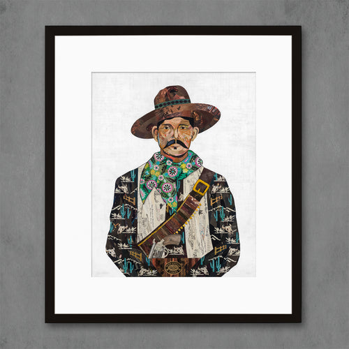 western art print features cowboy with cactus and skull patterned shirt | size 16 x 20 or larger