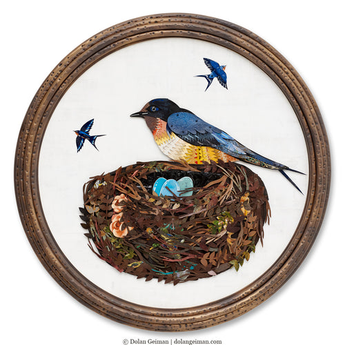 fine art with bird in nest features swallows in flight constructed of metal in unique circular format