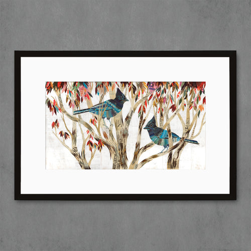 archival collage art print with Steller's Jay birds in colorful tree