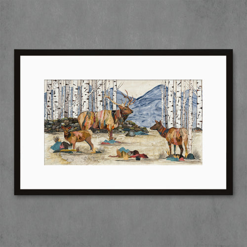 archival collage art print with elk family walking through aspen grove near stone wall