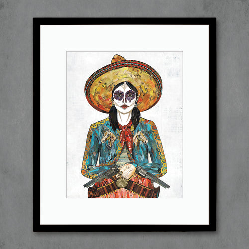 Día de los Muertos art print depicting a cowgirl with sugar skull makeup and vintage western wear including horses on lapel. 