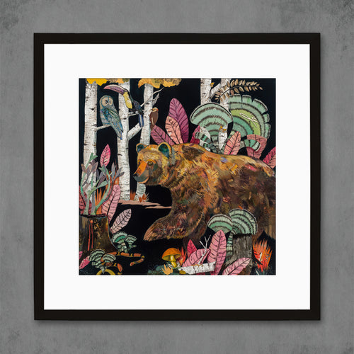 psychedelic black background art print with bear, owl, and other animals in jungle-like forest