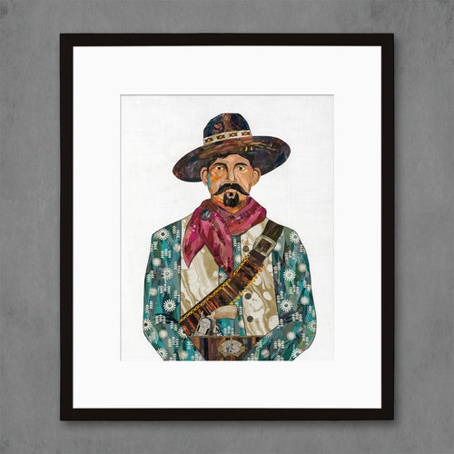 eclectic cowboy print features man in fancy western shirt and gold vest