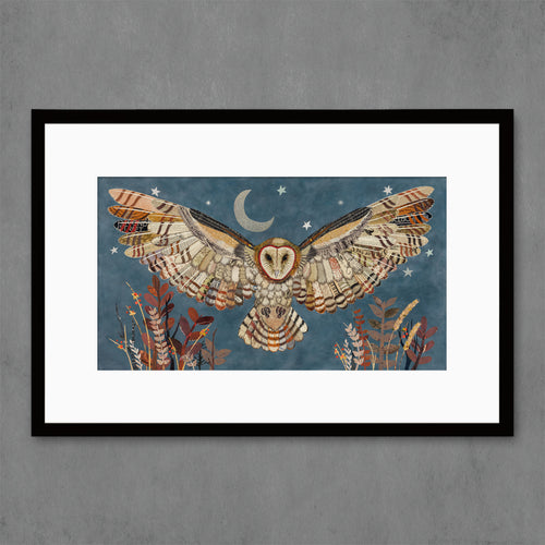 horizontal barn owl print | under full moon with starry sky