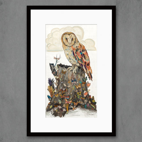 butterflies and owl art print featuring wise owl perched on tree stump
