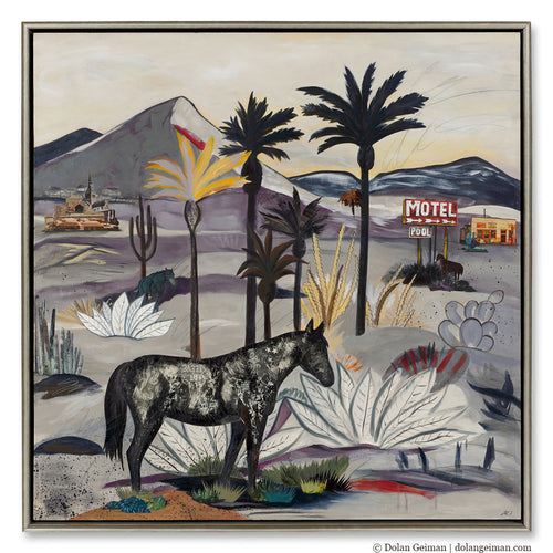 Palm Desert inspired desert landscape with horse, vintage motel, and palm trees
