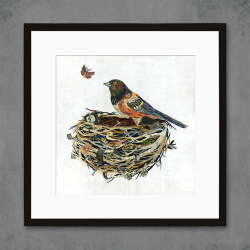 Dolan Geiman signature bird in nest series with Towhee and butterfly moth
