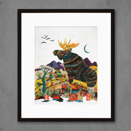 whimsical moose print for modern playroom with bull moose and mountains