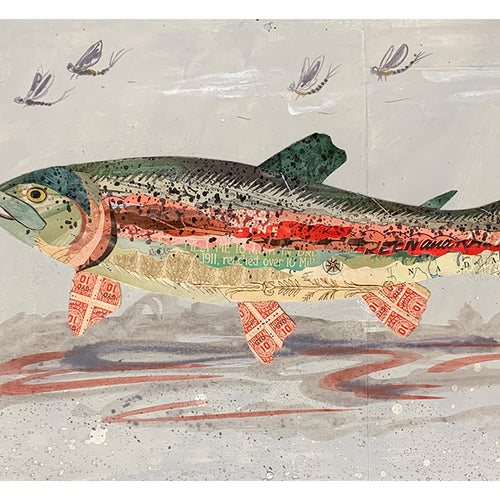 TROUT WITH MAYFLIES (small work) original paper collage