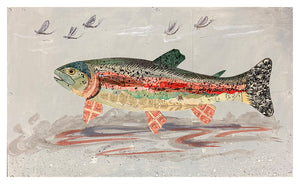 thumbnail for TROUT WITH MAYFLIES (small work) original paper collage