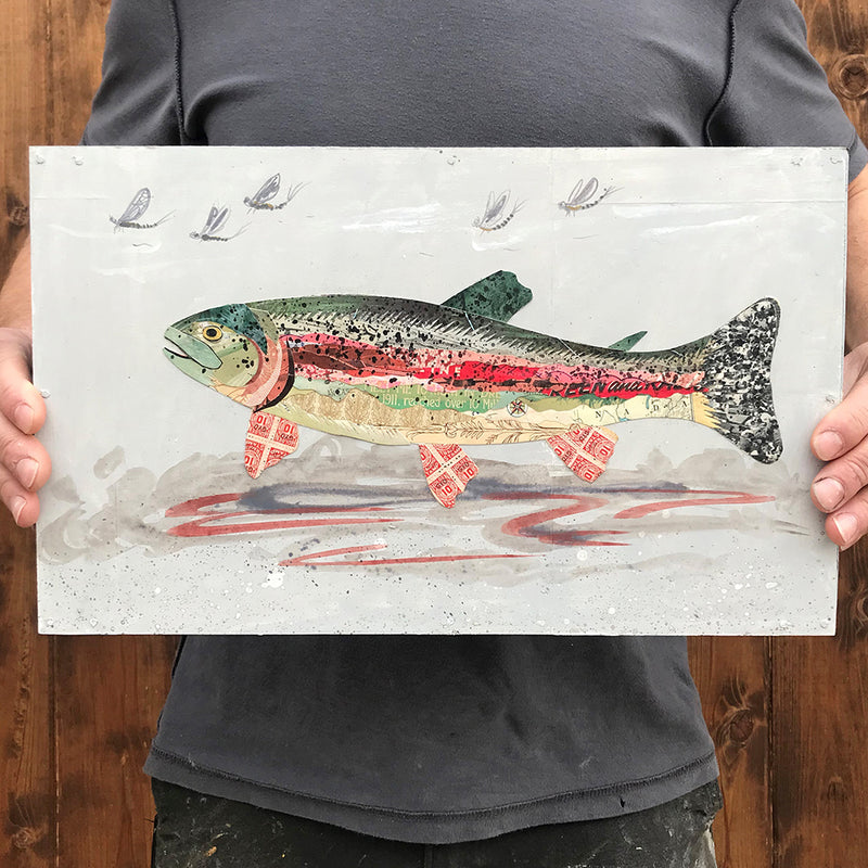 main image for TROUT WITH MAYFLIES (small work) original paper collage