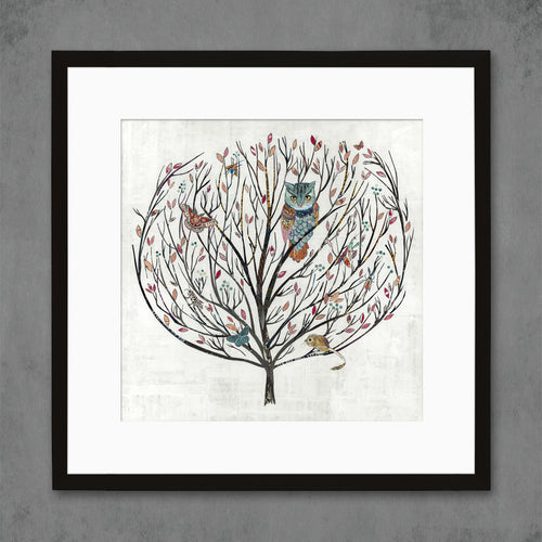 a tree of life style art print but with tumbleweed twist. Features screech owl, kangaroo rat, horse lubber grasshopper, and praying mantis