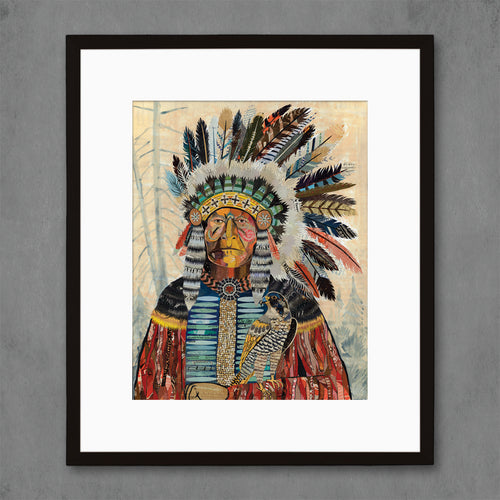 Indian art print | Native American portraiture with Chief in headdress with falcon perched on arm