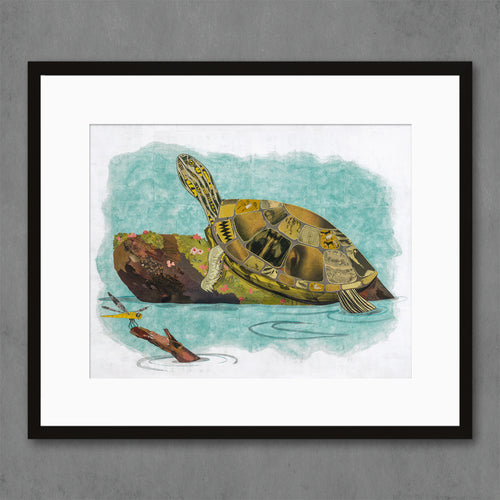 kids room | children's nature art print with turtle floating on branch in water