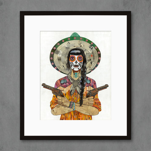 Dolan Geiman Day of the Dead cowgirl print series |  Vaquera with orange shirt and armadillo detail