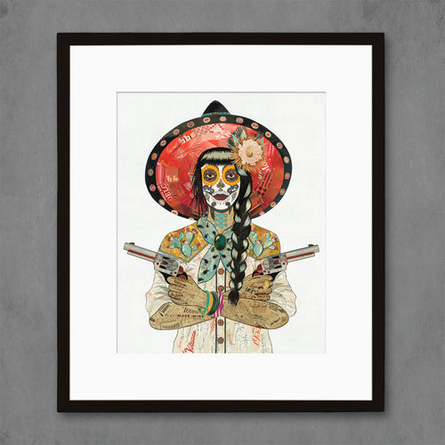 Dolan Geiman Day of the Dead cowgirl print series |  Vaquera with bright red hat and cactus shirt detail