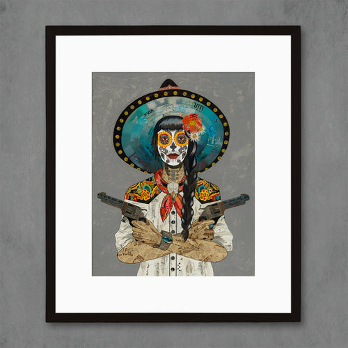 Dolan Geiman Day of the Dead cowgirl print series |  Vaquera with grey background and bold turquoise hat