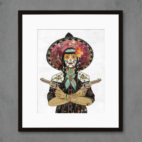 Dolan Geiman Day of the Dead cowgirl print series |  Vaquera with snake shirt detail and sporting double braids