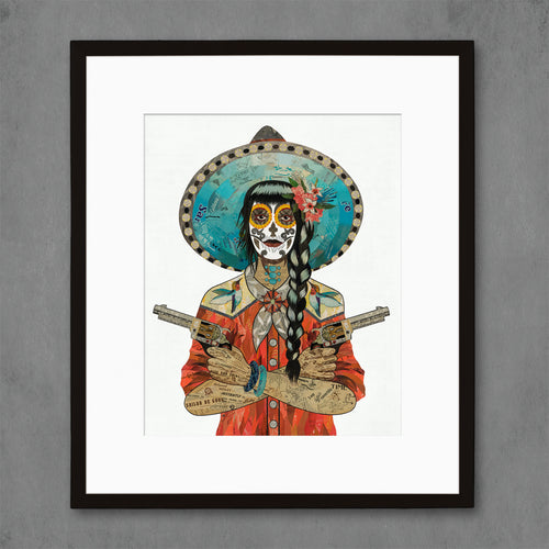 Dolan Geiman Day of the Dead cowgirl print series |  Vaquera with red shirt and hummingbird detail on shoulders