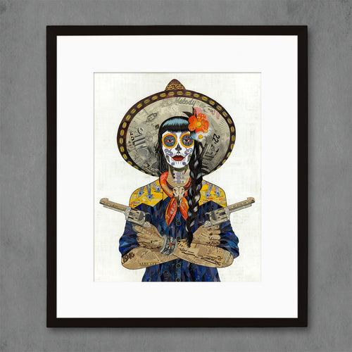 Dolan Geiman sugar skull cowgirl print series |  Vaquera with indigo blue shirt and single braid