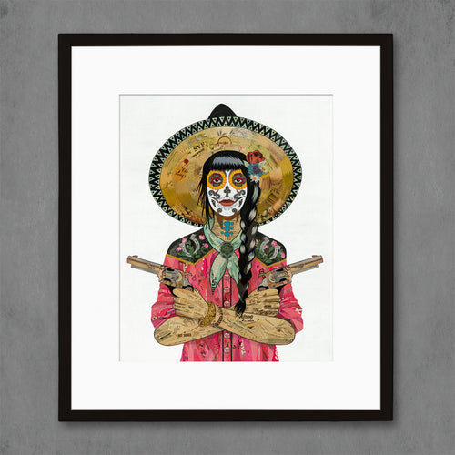 Dolan Geiman sugar skull cowgirl print series |  Vaquera with lucky horseshoes on her shoulders and yellow hat