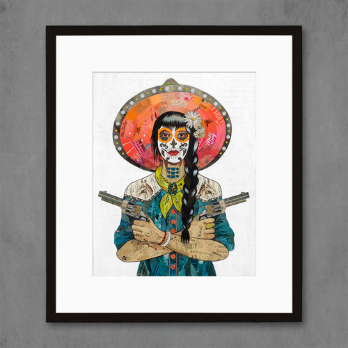 iconic Dolan Geiman Vaquera art print with red hat and horses on shoulders