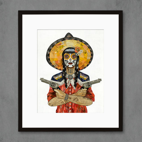 skeleton face cowgirl print with moths on shoulders and yellow hat