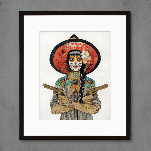 Dolan Geiman sugar skull cowgirl print series |  Vaquera with red hat and butterflies on her shoulders